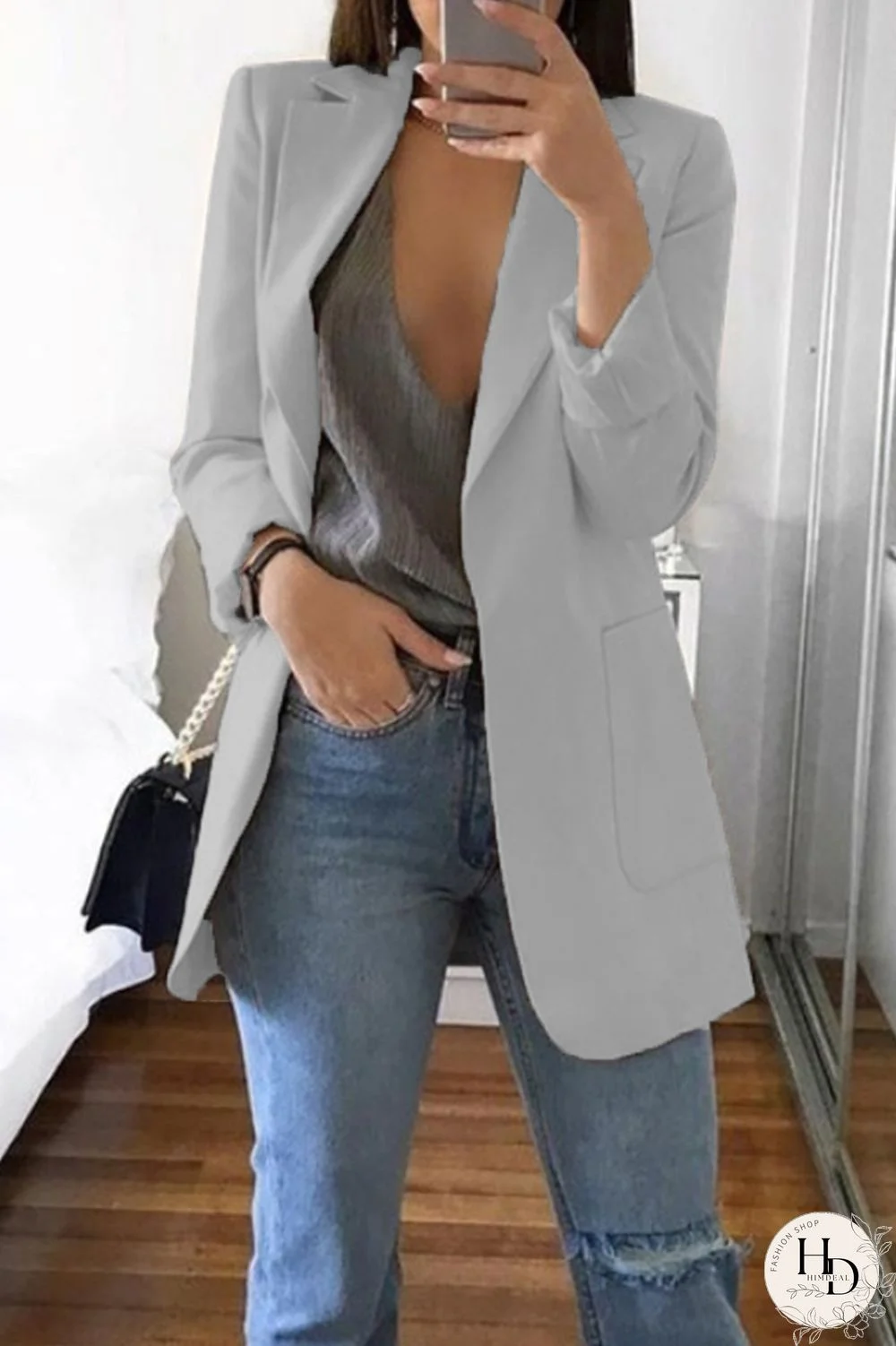Grey Casual Long Sleeves Suit Jacket