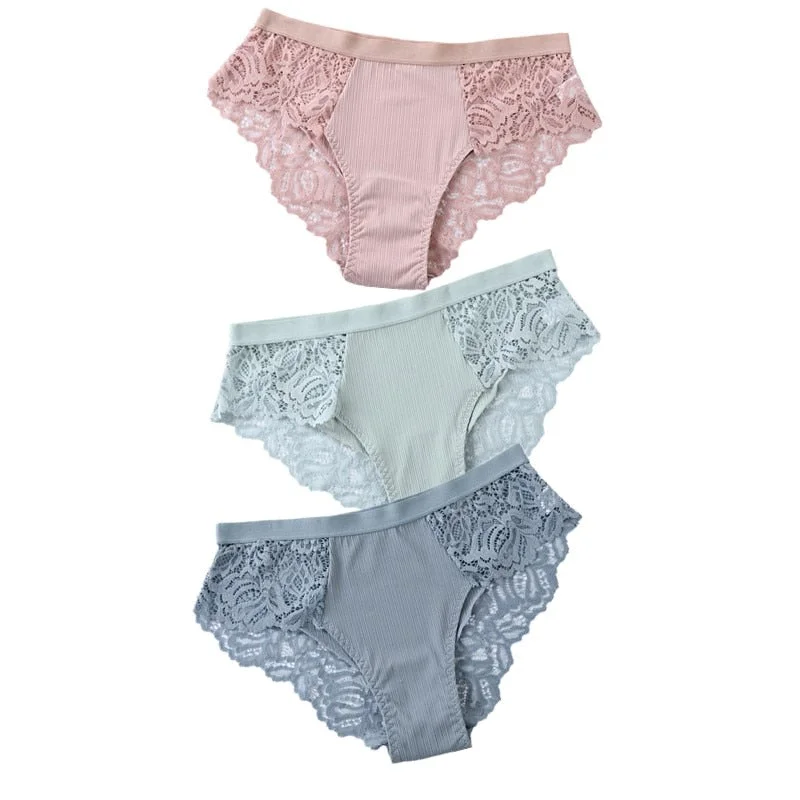 3PCS Soft Cotton Women Underwear Panties Solid Comfort Underpants Seamless Lace Briefs For Woman Sexy Low-Rise Panty Intimates