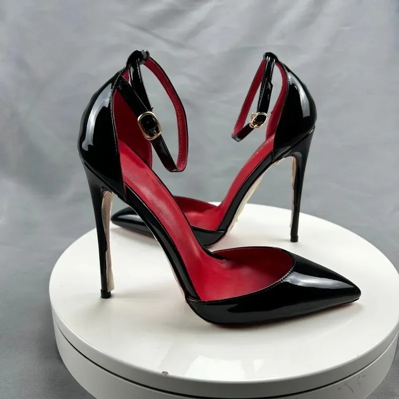 Patent Leather Women Ankle Strap D'orsay Stiletto Pumps Pointed Toe High Heel Shoes 8cm 10cm 12cm