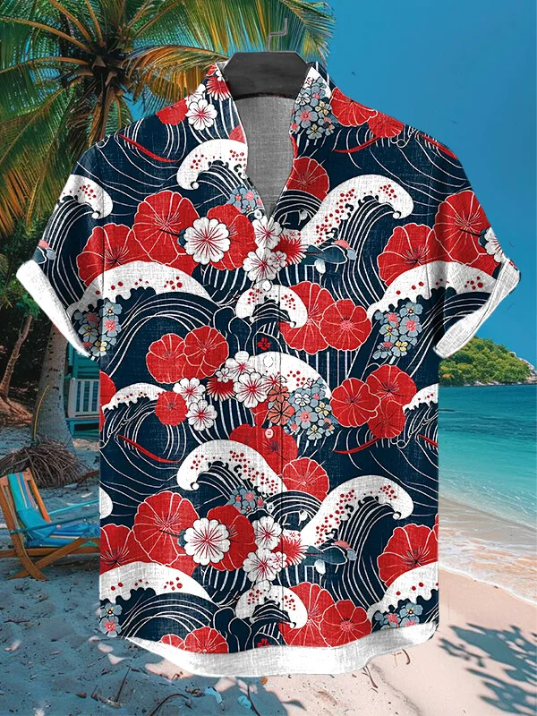 Men's Retro Japanese Style Wave Flowers Art Print Short Sleeve Shirt