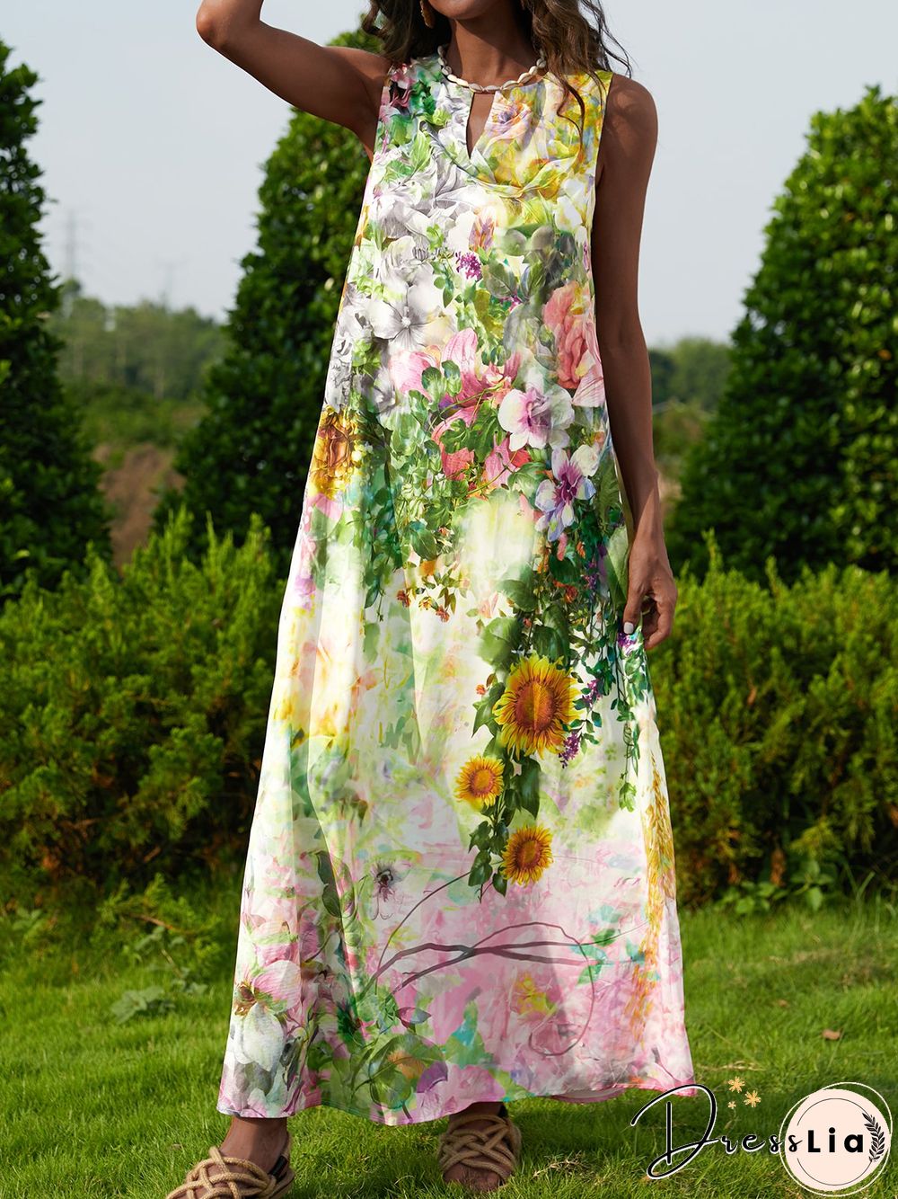 Sleeveless Floral V Neck Dresses