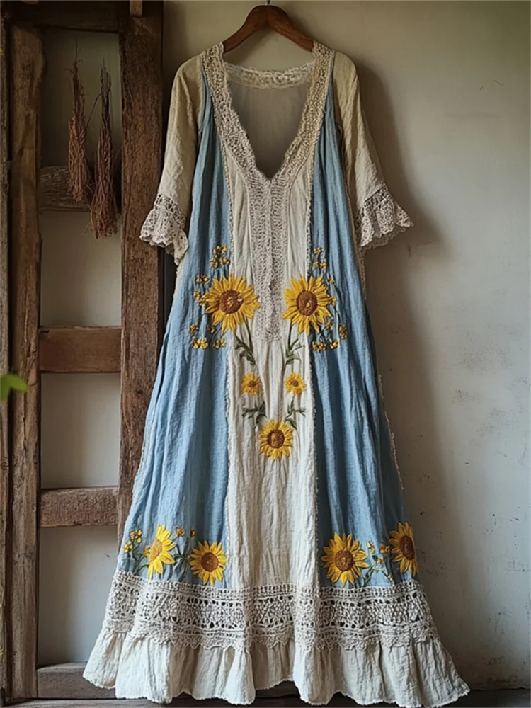 Boho Sunflowers Embroidered Lace Patchwork Flowy Linen Dress