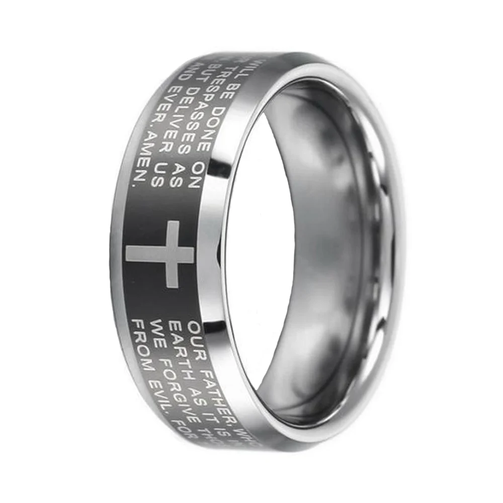 6MM 8MM Black Cross Bible Tungsten Rings Bevel Edge Polished Finished Width For Mens