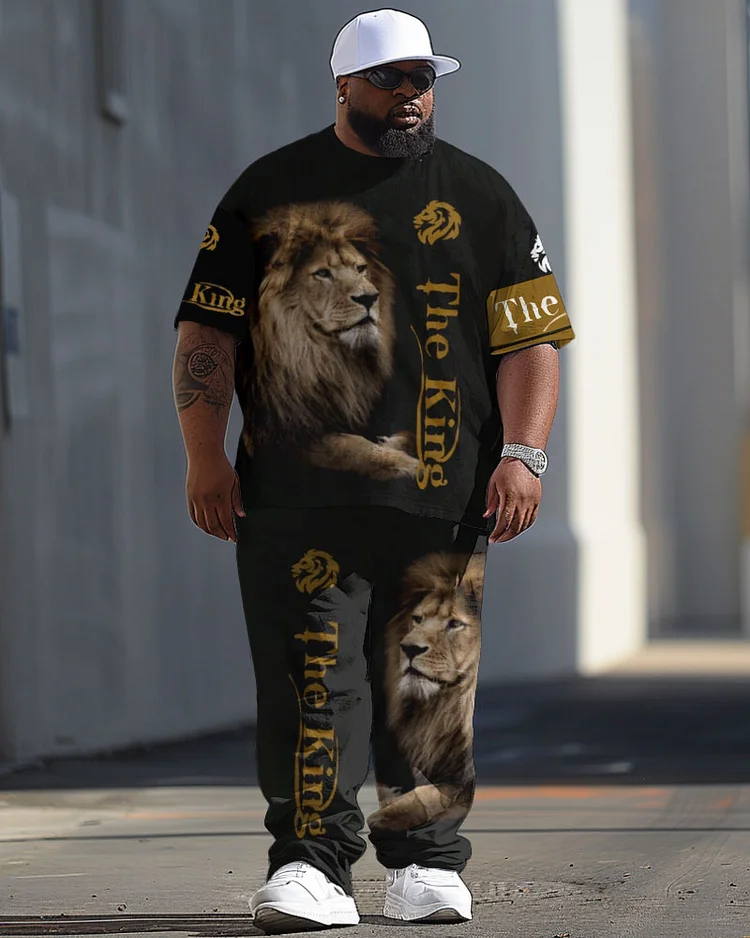 Men's Large Casual 3D Lion Print T-Shirt Trousers Suit