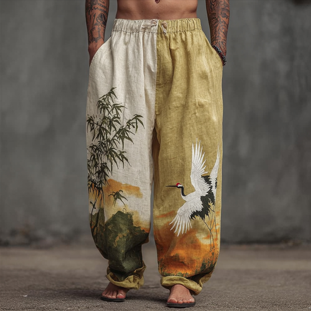 Men's Japanese Style Crane And Bamboo Forest Retro Linen Trousers  artssus