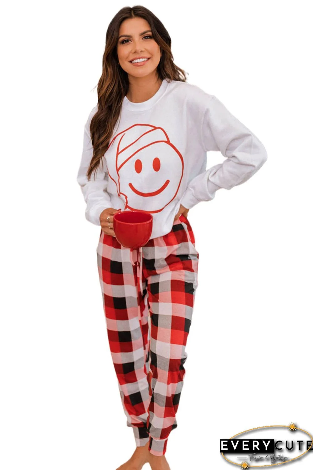 White Christmas Smile Face Print Top and Plaid Pants Lounge Set