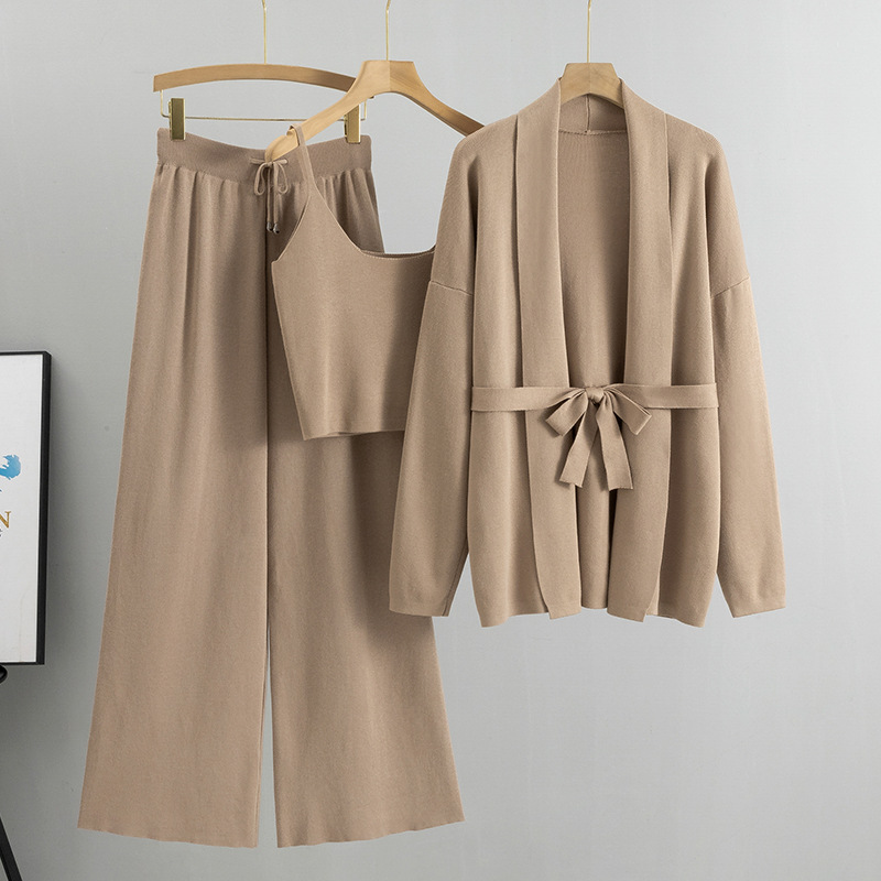 Ootddress Autumn Knit 3 Piece-Set For Women Outfits Lace-Up Vest Outwear Wide Leg Trousers Outfits Casual Solid Pleated Ladies Sets