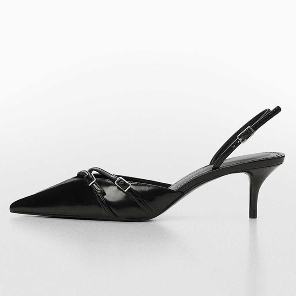 Black Vegan Leather Pointed Toe Kitten Heel Buckled Slingback Pumps Nicepairs