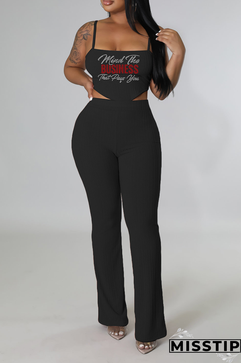 Black Fashion Print Patchwork Spaghetti Strap Sleeveless Two Pieces