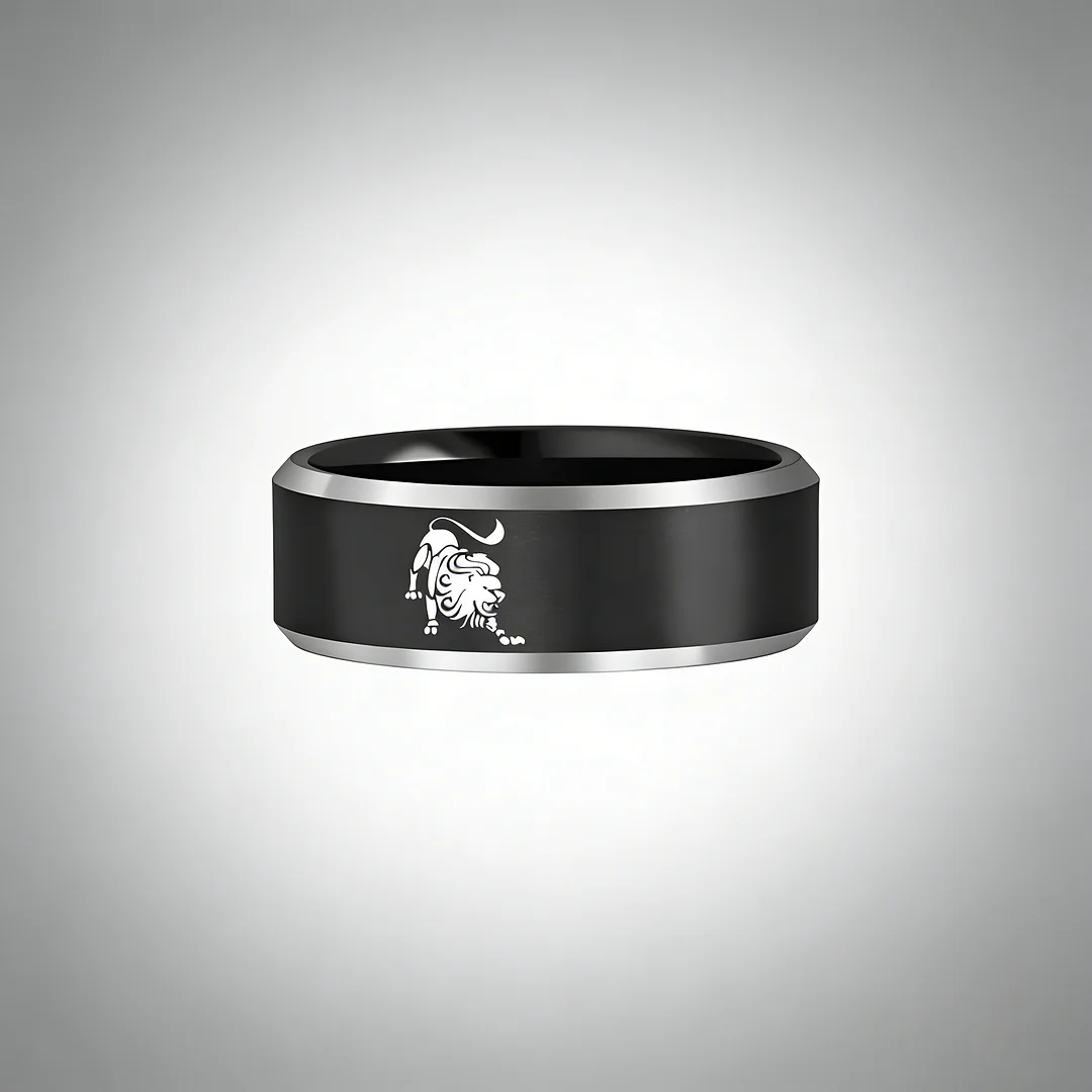 Black Leo Tungsten Carbide Rings Beveled Edges Black Laser Etched Couple Wedding Bands 4MM 6MM 8MM Width