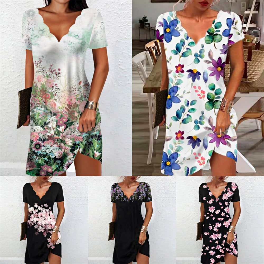 Women Short Sleeve V-neck Floral Printed Midi Dress