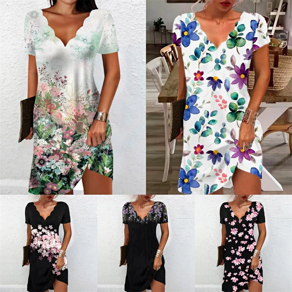 Women Short Sleeve V-neck Floral Printed Midi Dress