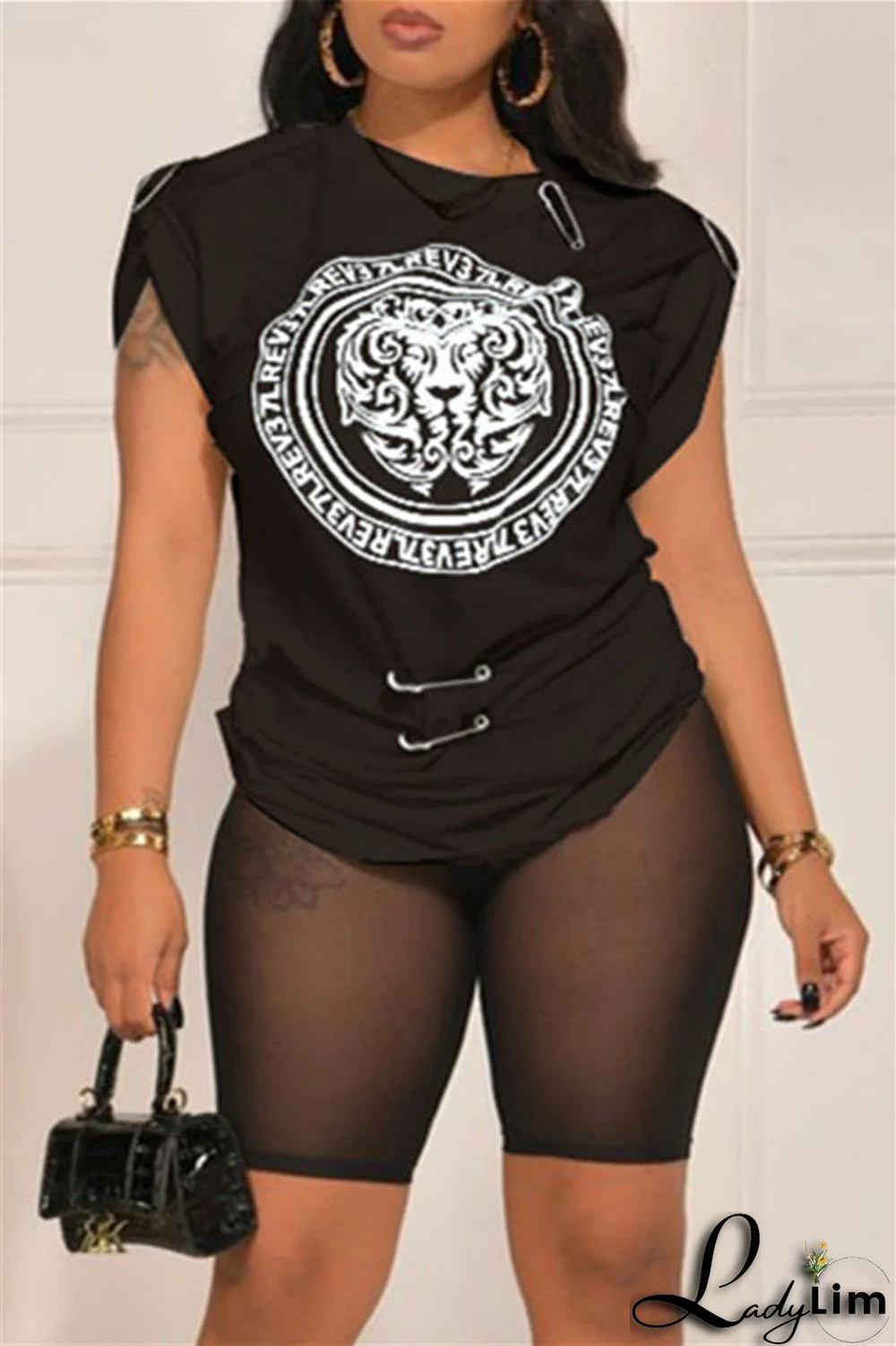 Pink Fashion Casual Print Basic O Neck Plus Size Two Pieces