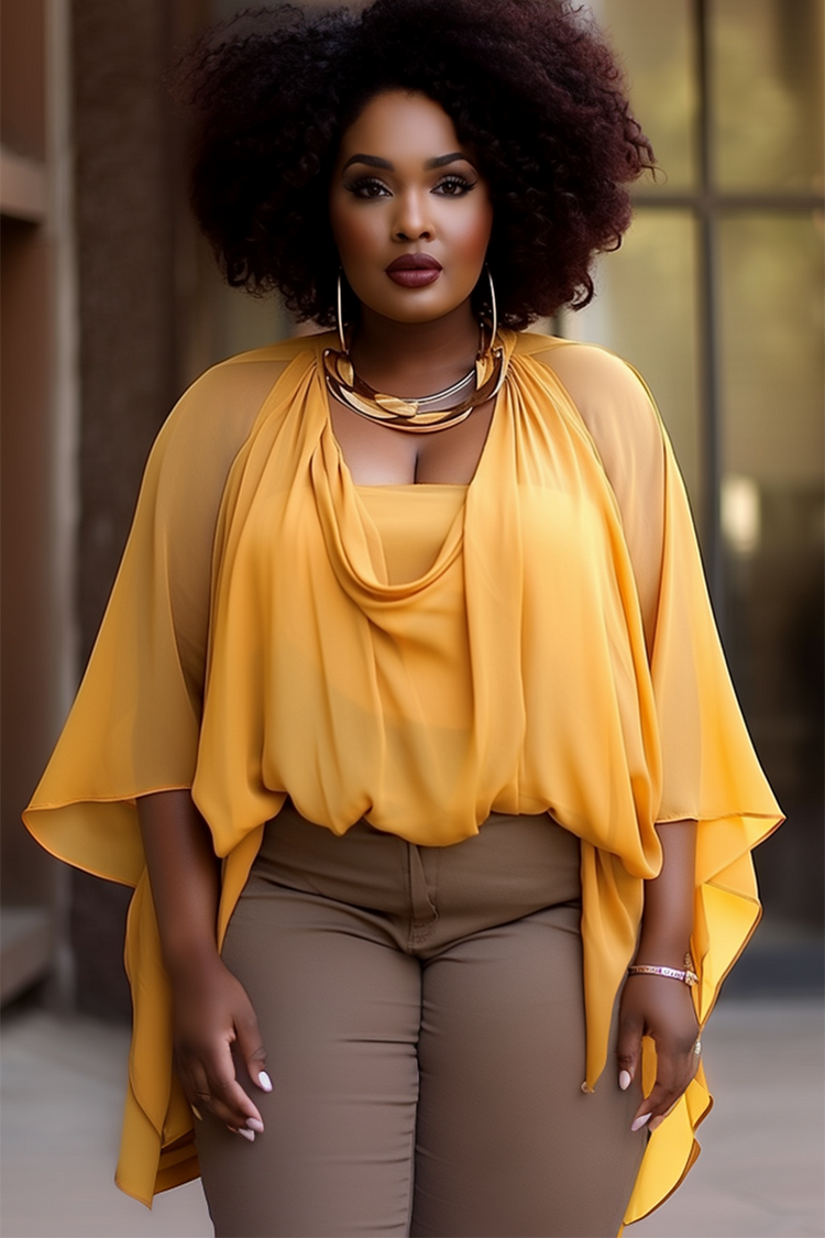 Xpluswear Design Plus Size Business Casual Yellow Cowl Neck Cape Sleeve See Through Chiffon Blouses