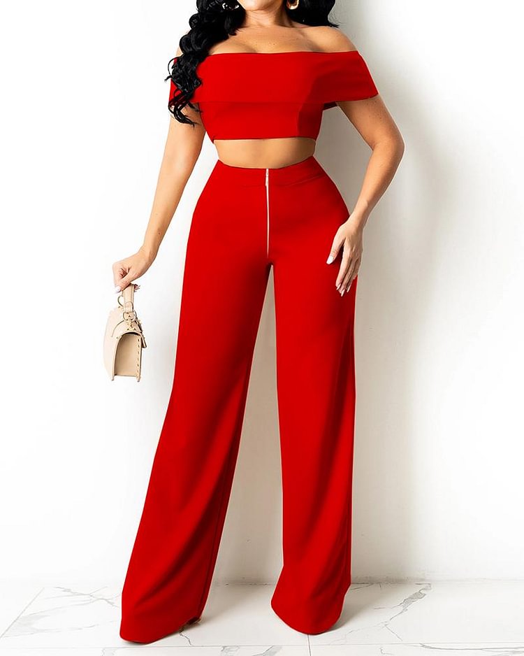 Off Shoulder Zip Front Crop Top & Pants Set - Shop Trendy Women's Clothing | LoverChic