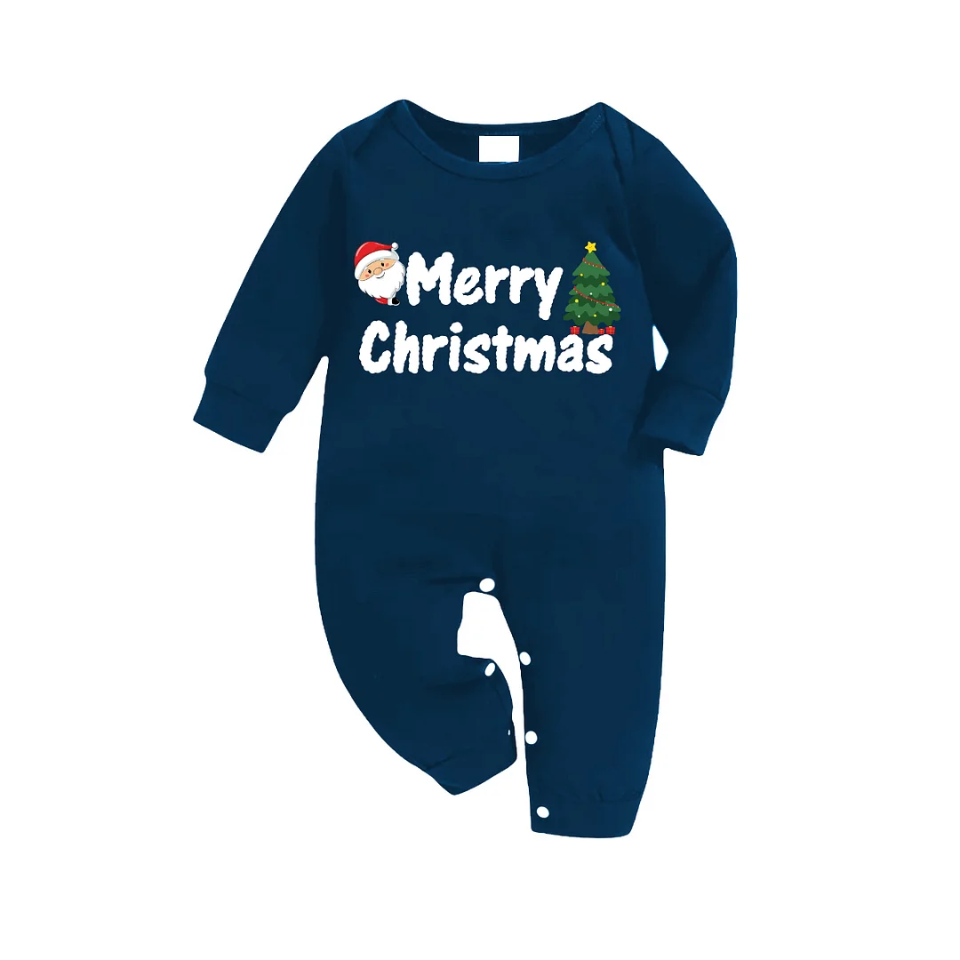 "Merry Christmas" and Santa Claus Printed Blue Long Sleeve Top With Blue Plaid Family Matching Pajamas