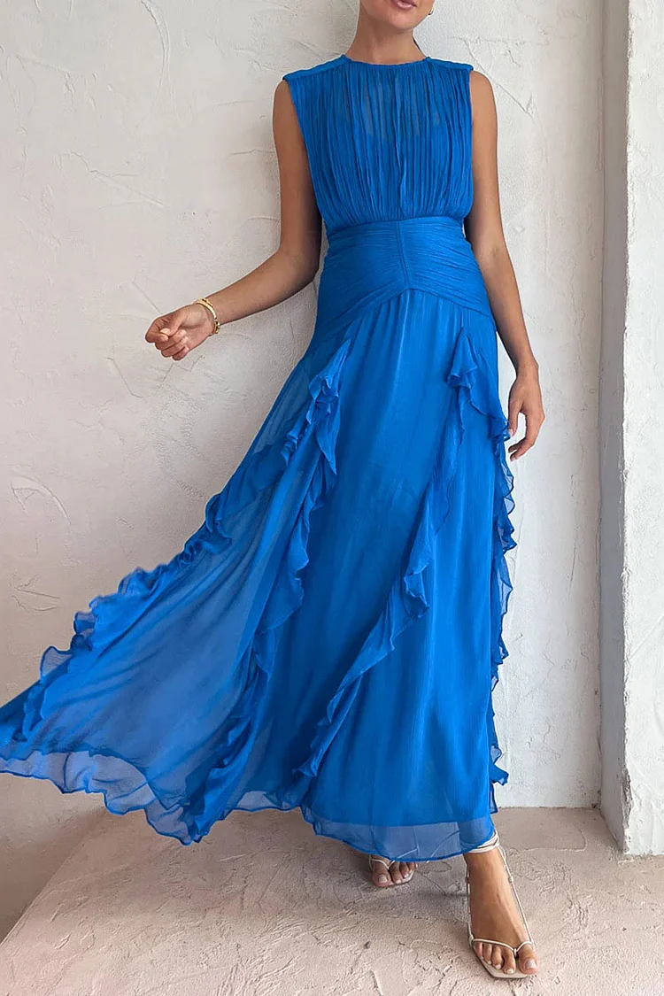 Round Neck Sleeveless Pleated Ruched Ruffle Night Gown Maxi Dresses