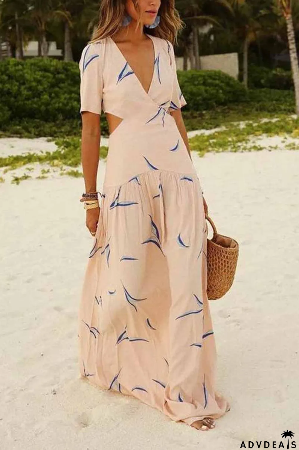 Vacation Print Hollowed Out V Neck A Line Maxi Dresses