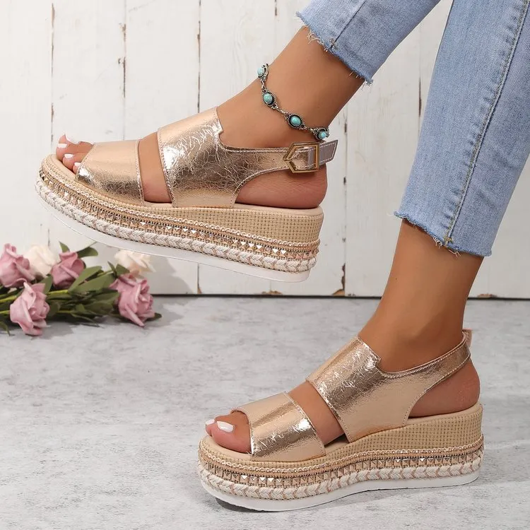 Yyvonne Summer New Large-Size Fish Mouth Buckle Slope Heel Sandals Women's Fashion Comfortable Thick-Soled Bright Face Women's Sandals