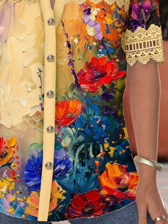 Women's Short Sleeve V-neck Lace Stitching Graphic Hollow Buttons Top