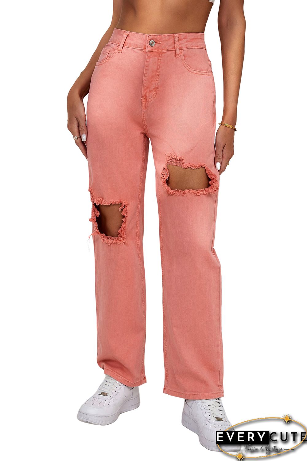 Pink High Waist Ripped Straight Leg Pocket Jeans