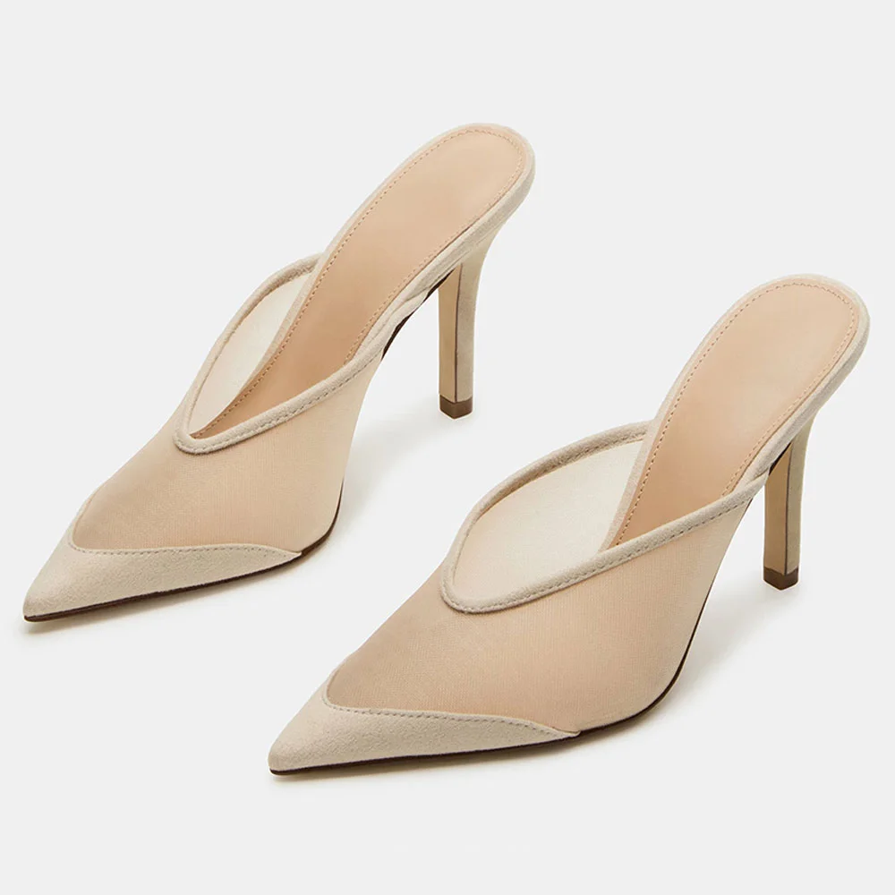 YDN Nude Mesh Stiletto Heel Pointed Toe Mule Shoes for Women