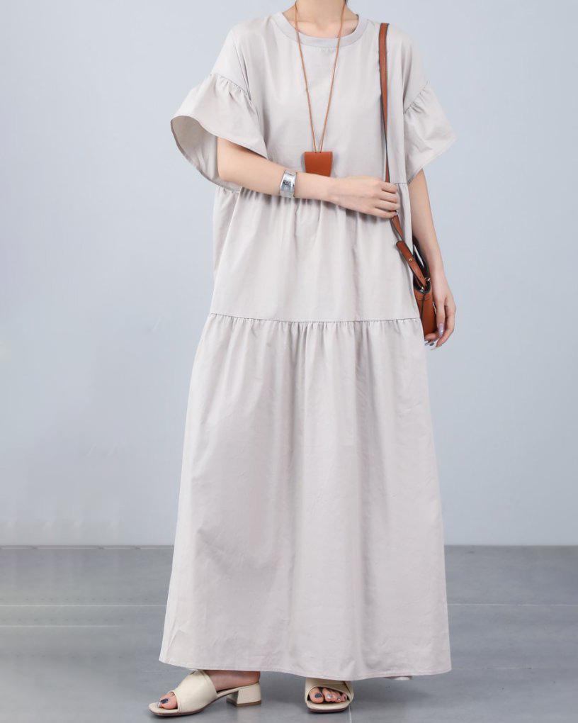 Short Sleeve Tiered Design Solid Color Simple Loose Maxi Dress