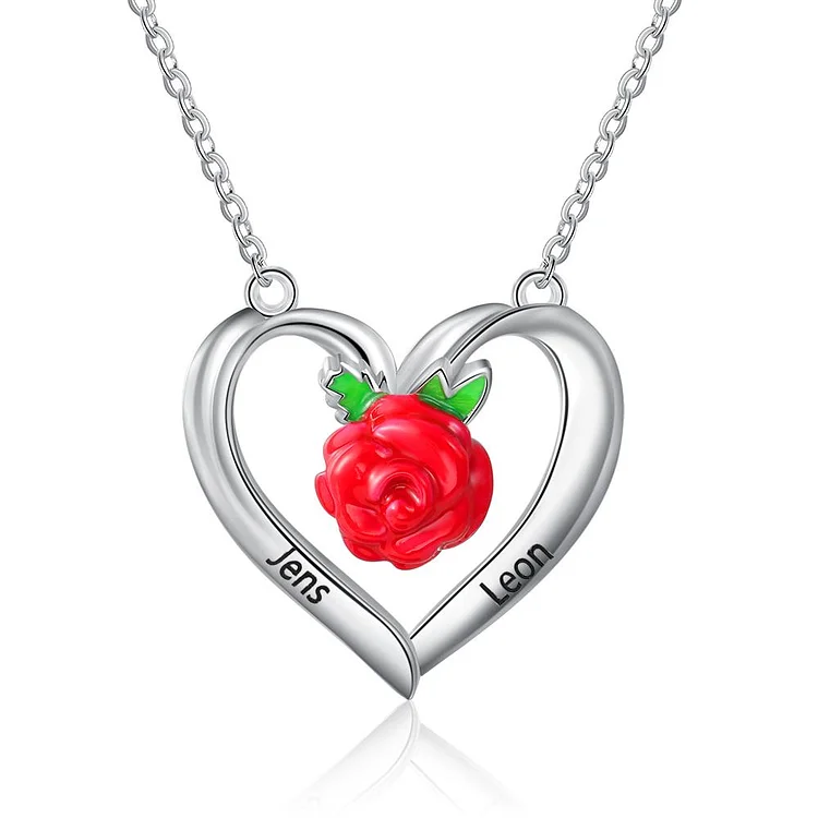 Personalized Rose Heart Necklace Custom 2 Names S925 Sterling Silver
