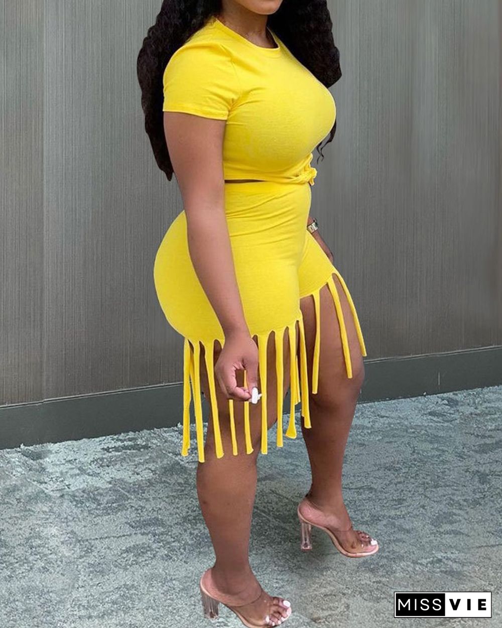 Sporty Fringe Embellished Bodycon Tank & Shorts 2-piece set