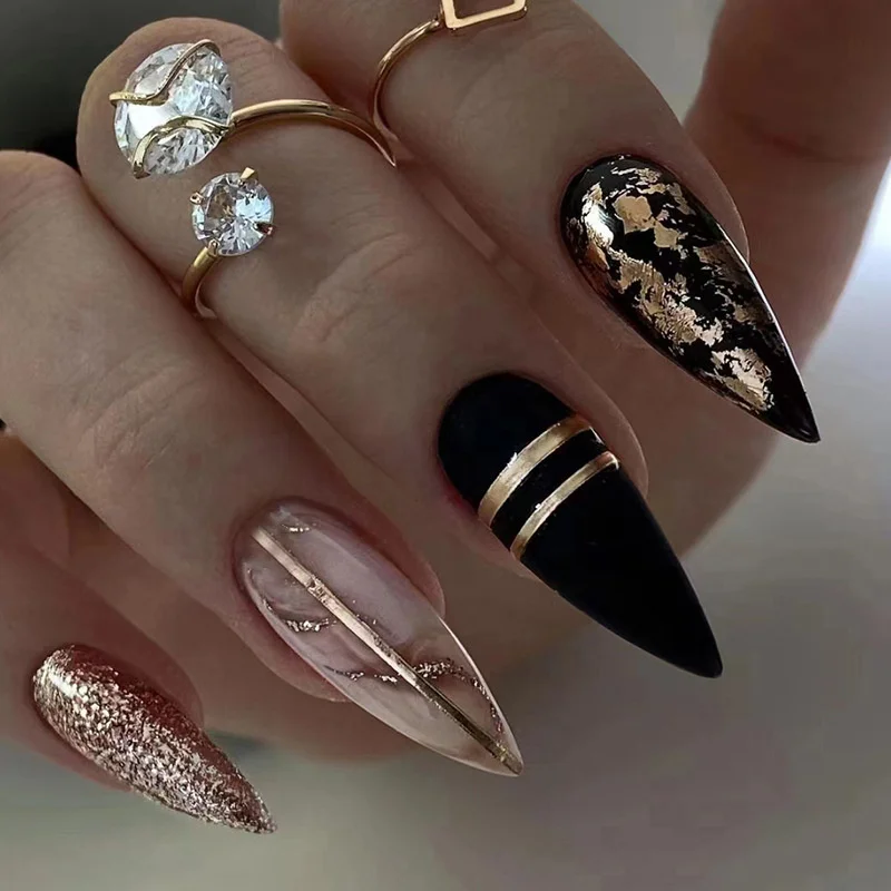 Hbcoland 24Pcs French Fake Nails With Green Leaf Print Design Long Stiletto False Nail Wearabe Almond Press on Nails Full Cover Nail Tips
