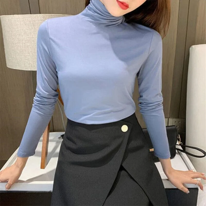 Cotton Turtleneck Tight T-shirt  Women Bottoming Tshirt Long Sleeve Modal Autumn Winter Pullover Soft cozy slim Female Tees Tops