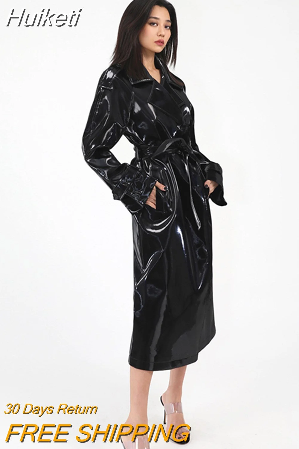 Huiketi Spring Autumn Long Shiny Reflective Patent Leather Trench Coat for Women Sashes Luxury Designer Runway European Fashion