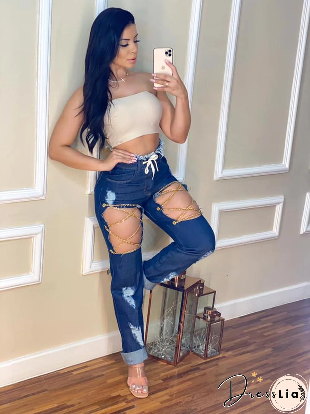 Women Clothes Summer Ripped Hole High Waist Streetwear Chain Lace Up Straight Plus Size Jeans