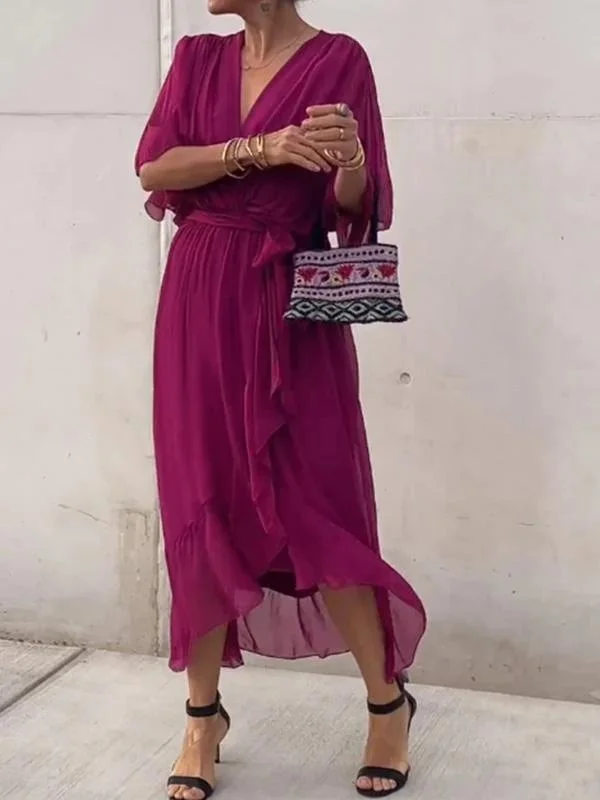 Elegant A-line V-neck Chiffon Long Dresses with Cap Sleeves Dusty Rose
