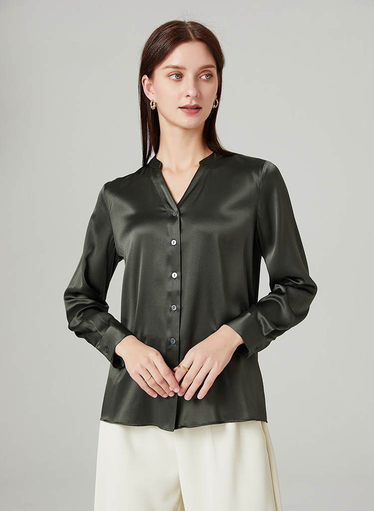 Grass-Green Silk Blouse Fashion Casual Women's Solid Style