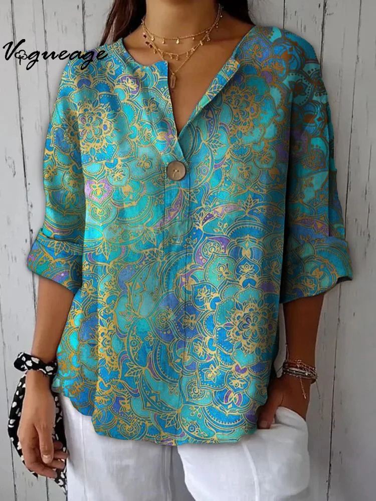 Fashionable And Charming Ethnic Style Printed Cotton And Linen Shirt