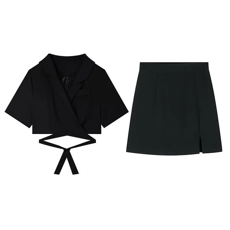 Gothic Lapel Crop Blazer High Waist Split Mini Skirt Two Pieces Set - Modakawa modakawa