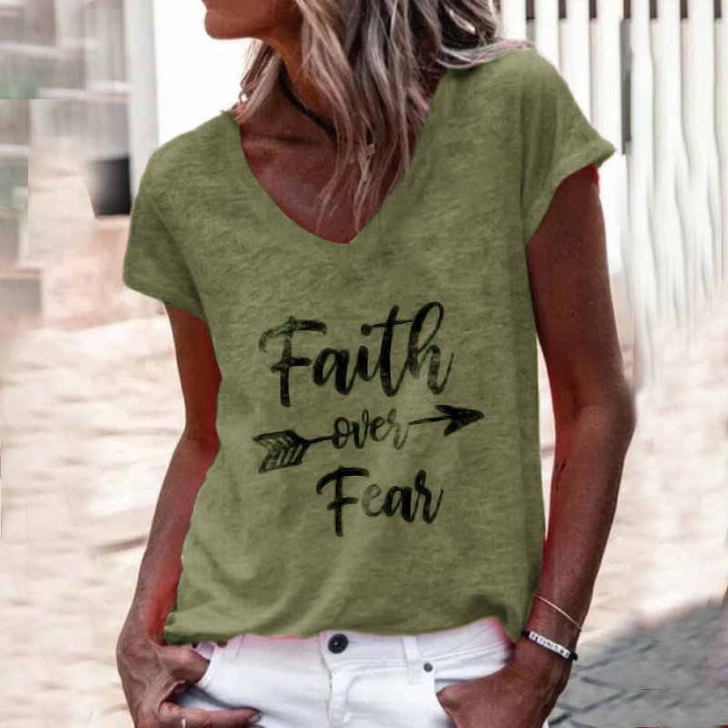 Faith Over Fear Printed Women's V-neck Graphic Tees Designer