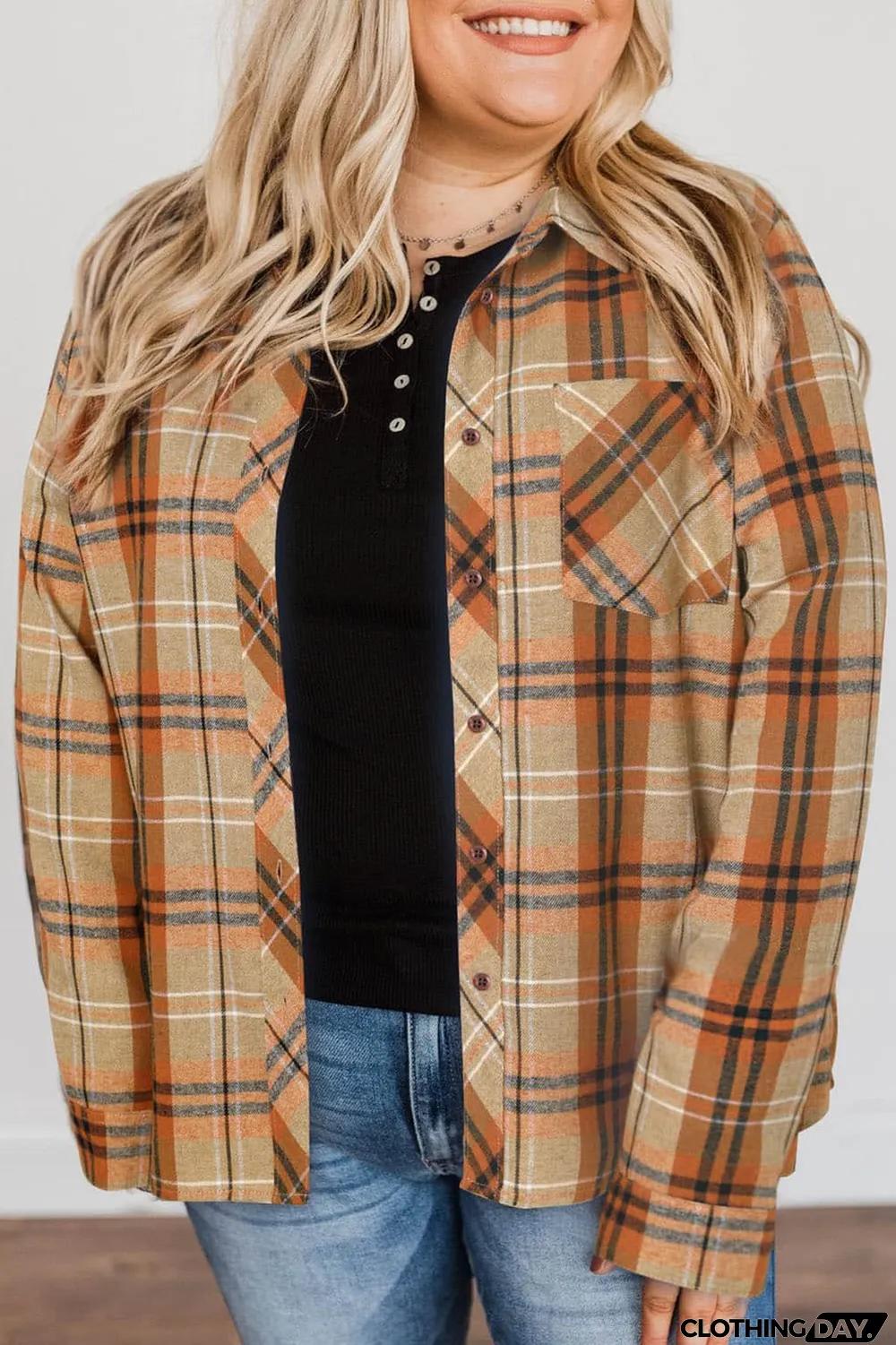 Orange Plus Size Buttons Plaid Pattern Shirt