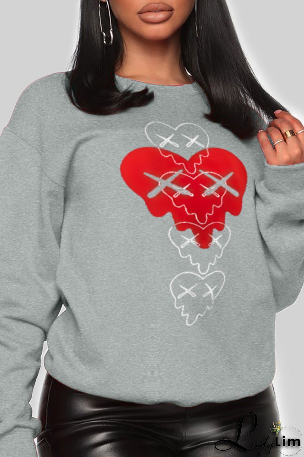 Grey Fashion Vintage Print Patchwork O Neck Tops