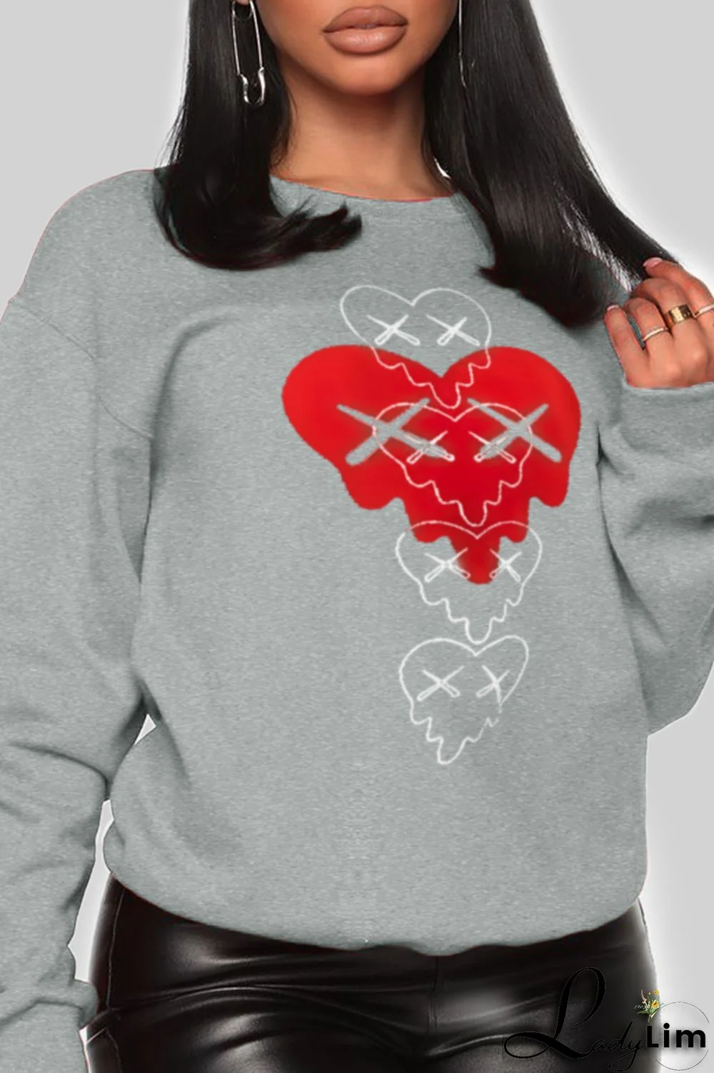 Grey Fashion Vintage Print Patchwork O Neck Tops