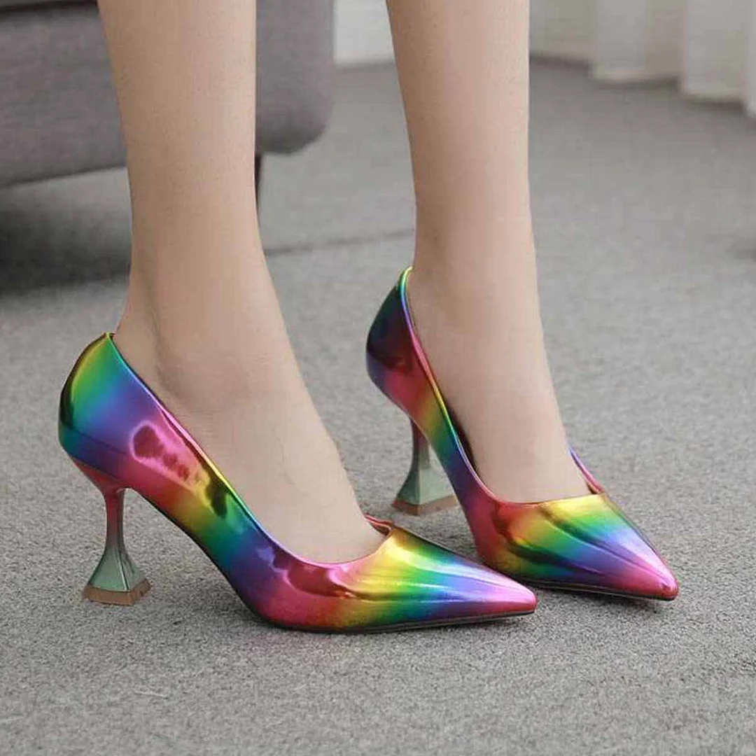 Rainbow Vegan Leather Flared Heel Pointed Toe Trendy Pumps for Women