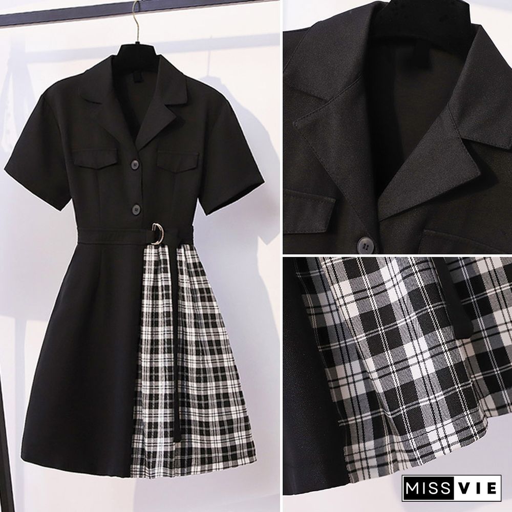 Belted Lapel Lattice Pleated Dress