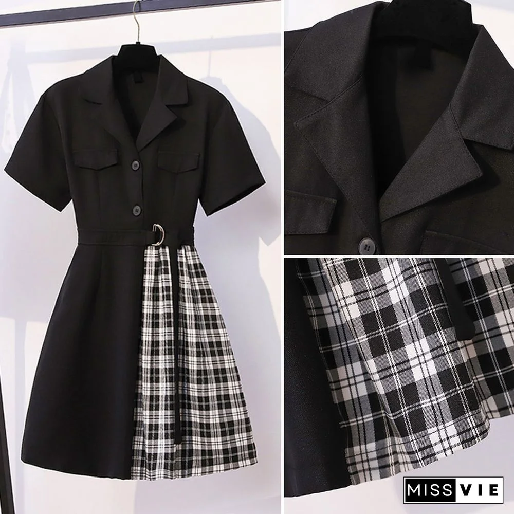 Belted Lapel Lattice Pleated Dress