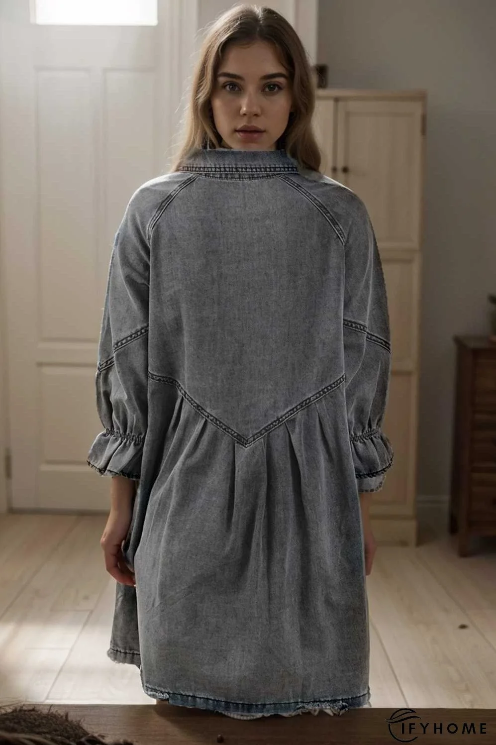 down loose short sleeve denim jean dress drop shoulder a line paneled peasant closed bateau v neck dress | IFYHOME