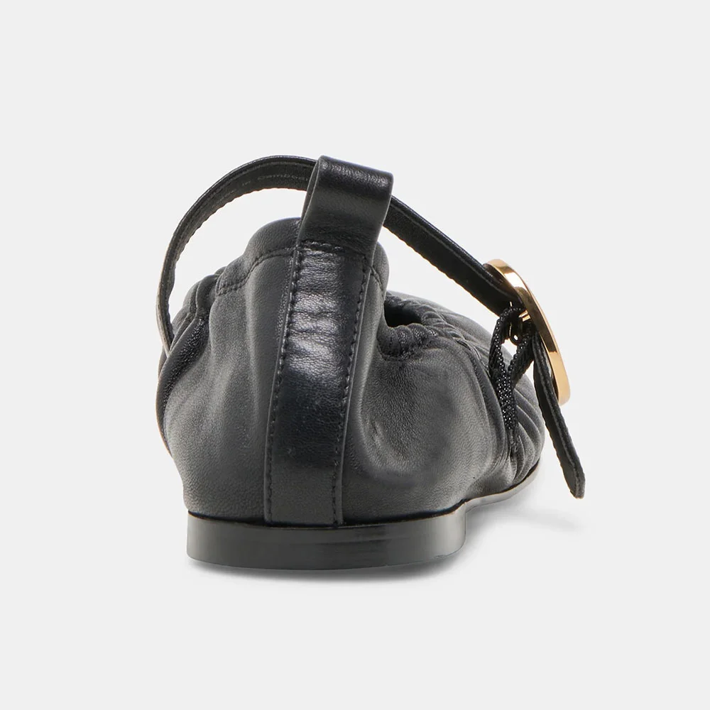 Women's Black Round Toe Flat Buckle Strap Ruched Mary Jane Shoes