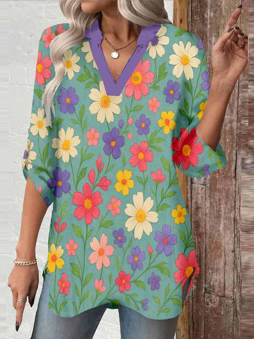 Women Floral, Green, Red DZGA0218 3/4 Sleeve V-neck Printed Graphic Button Tops