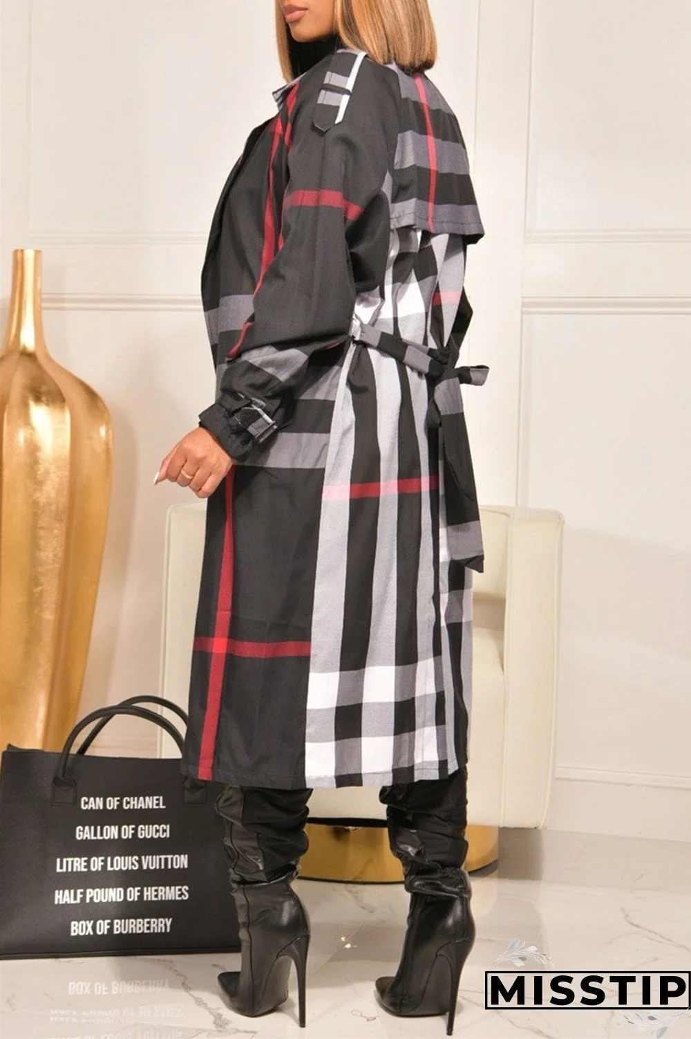 Black Fashion Casual Print Cardigan With Belt Turndown Collar Outerwear