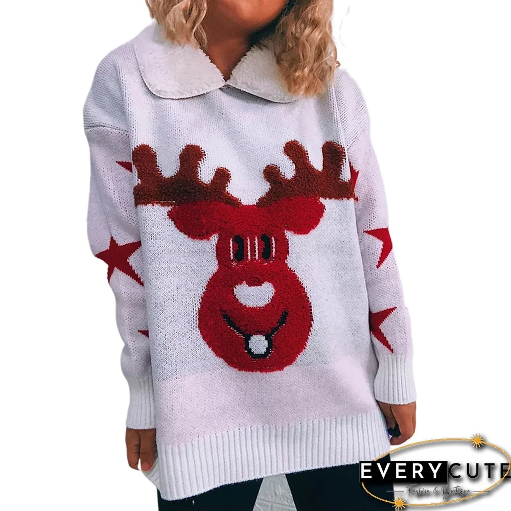 White Deer Print Lapel Collar Thicken Christmas Pullover Sweater