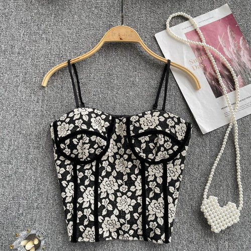 Ballifyex Chic Vintage Floral Print Camis Korean Fashion Tank Top Basic Slim Crop Top Sexy Goth Corset Bustier Summer Women Sling Tops Ins